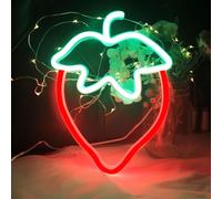 DAKABUKA Enseigne néon en forme de fraise rouge et verte pour fruits mignons, batterie USB, panneau LED pour chambre, restaurant, bar, magasin de fruits, épicerie verte, décoration murale