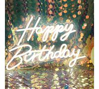 DAKABUKA Panneau lumineux LED néon « Happy Birthday » - Décoration d'anniversaire - USB - Blanc - 42 x 31 cm