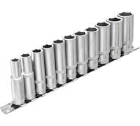 DAKCOS 11 Jeu de douilles 3/8, 6 pans 8-19 mm en CR-V avec surface chromée mate, Jeu de douilles longue, 63 mm