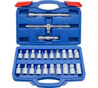 DAKCOS 23 pièces Clé vidange Cle carre pour bouchon de vidange d'huile avec rallonge de douilles 3/8" et poignée coulissante acier au chrome vanadium chromée mate