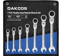 DAKCOS Jeu de 7 clés à cliquet mixte, cle 6,7,8,10,13,15,17mm Clé mixte à cliquet 72 dents métrique articulée en CR-V avec finition chromée mate