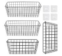 DAKFOOK Lot de 4 paniers muraux noirs en fil métallique auto-adhésifs pour salle de bain, bureau, garde-manger, congélateur, placard, étagère