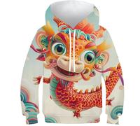 DAKINCHERRY Dragon Chinois Capuche Pull pour Garçons Et Filles - Pull À Manches Longues pour Garçons Et Filles Animaux étonnants - Léger - 6-7Y