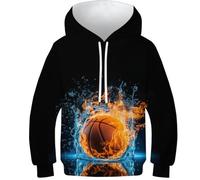 DAKINCHERRY Fire Basket-Ball Basket-Ball Patterns À Capuche Enfants Imprimé Drôle Manches Longues Poche Capuche Basket-Ball - Poches À Cordon Sweat-Shirt 12-14Y