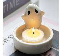 DAKLUNAR Ghost Porte-bougie motif dessin animé chat - Série de photophores en verre - Photophore pour bougie chauffe-plat - Blanc - Petit bougeoir en céramique