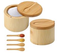 DAKLUNAR Lot de 2 boîtes à sel en bambou avec couvercle magnétique et 6 cuillères, bocal à épices en bois naturel, couvercle pivotant pour le rangement, boîte de rangement à épices, 6 oz