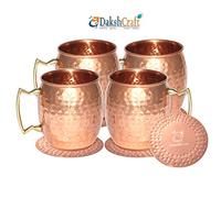 DakshCraft ® Handmade Pur cuivre martelée Moscou Tasse Mule, Ensemble de 4 avec 4 Métal Martelé Coasters