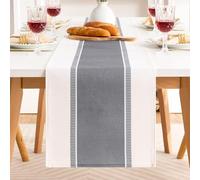DakTou Chemin de Table Moderne Gris en Mélange Coton-Lin 33x183cm, Nappes Rectangulaire Lavable Orné de Bande Gris, Table Runner Champetre pour La Decoration des Tables de Restaurant Basses Consoles