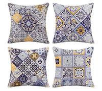 DakTou Lot de 4 Housses de Coussin décoratives - Motif Mandala - 45 x 45 cm - Coton et Lin - Style bohème - avec Fermeture éclair cachée - Bleu