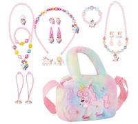 DALAETUS 17 Pièces Licorne Sac à Main pour Enfants Kit, Sac Licorne avec Ensemble de Bijoux Enfants, Collier, Bracelet, Bagues, Boucles d'Oreilles, Fille Bijoux Accessoire