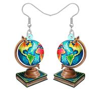 DALANE Boucles d'oreilles pendantes vintage en acrylique - Motif carte du monde - Motif carte du monde - Géographie - Cadeau idéal pour les amateurs de livres - Tenue de jour de la Terre, M, Acrylique