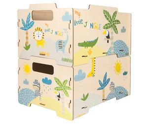 Dalber Lot de 2 Boîtes à Jouets en Bois, Coffres de Rangement Enfant avec Poignées, Empilables et Réversibles, pour Jouets, Livres et Peluches, Chambre d'Enfant, Ma Petite Jungle.