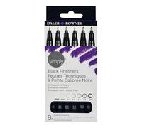Daler Rowney Simply Black Lot de 6 stylos à pointe fine pour illustration, dessin, résistant à l'eau, idéal pour les artistes débutants et amateurs