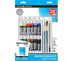 Daler Rowney Simply - Set Aquarelle 12 tubes de peinture 12ml + accessoires - 25 pièces