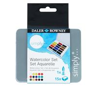 Daler Rowney Simply - Set de peinture aquarelle - 15 demi-godets et 1 pinceau