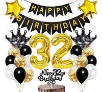 Dalettu Kit de Décoration Anniversaire 32 Ans Or et Noir - Ballons et Décoration Gâteau pour Homme et Femme