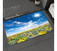 DALEXHM Tapis de Bain 50x80 cm, antidérapant,Doux,Absorbant l'eau,en Microfibre,pour la Salle de Bain,Lavable en Machine,Fleurs, Prairie, Ciel Nuageux, Paysage Naturel, Impression, Soleil Vibrant