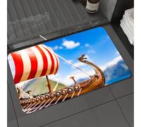 DALEXHM Tapis de Bain 50x80 cm, antidérapant,Doux,Absorbant l'eau,en Microfibre,pour la Salle de Bain,Lavable en Machine,Maquette de Navire de Guerre Viking, Style Nordique, Rayures Rouges et Blanche