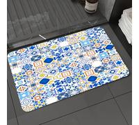 DALEXHM Tapis de Bain 50x80 cm, antidérapant,Doux,Absorbant l'eau,en Microfibre,pour la Salle de Bain,Lavable en Machine,Jaune et Bleu, mosaïque Portugaise Azulejo Effet Arabesque méditerranéenne,
