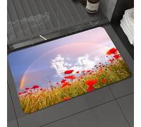 DALEXHM Tapis de Bain 60x100cm, antidérapant,Doux,Absorbant l'eau,en Microfibre,pour la Salle de Bain,Lavable en Machine,Coquelicot, Prairie de Coquelicots et reflet d'arc-en-Ciel dans l'air, Ciel ma