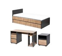 DALIA Chambre enfant adolescent avec lit, chevet, Bureau Anthracite/Chêne