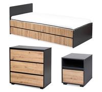 DALIA Chambre enfant adolescent avec lit, chevet, Commode Anthracite/Chêne