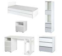 DALIA Chambre enfant adolescent avec lit, chevet, Commode, Etagère, Bureau Blanc