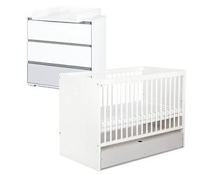 DALIA Ensemble commode à langer + lit bébé évolutif Blanc 120X60 + tiroir | Sommier ajustable, 3 barreaux amovibles, plan de change amovible et tiroirs sur rails. Les deux matelas ne sont pas inclus.