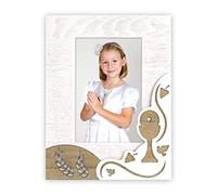 Dalila Cadre de première communion, en bois avec décorations en marqueterie en bois, pied pour bureau, valable pour 1 photo de 10 x 15 cm à la verticale.