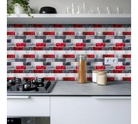 Dalle Pvc Adhesive Murale Rouge Gris Élégant Credence Adhesive pour Cuisine Carrelage Adhesif Mural Cuisine Imperméable Plaque Pvc Murale Autocollant Stickers Carrelage 27x27cm/30 Pcs