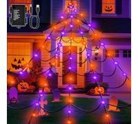 Dalugo Toile d'araignée d'Halloween Noire, 6 * 5m Grands Triangles, Guirlande Lumineuse pour Décoration Halloween, 8 Modes, Lumières Orange et Violettes, Fonctionne sur Batterie avec Minuteur pour