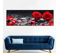 DAMAIART Affiche murale moderne avec roses rouges et pétales, pierres et eau, peinture sur toile pour salon, chambre à coucher, décoration d'intérieur, 45 x 130 cm, sans cadre