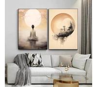 DAMAIART Bouddha Zen Yoga Enso Cercle Méditation Sérénité Nature Paysage Affiche Mur Art Photos Toile Peinture Décoration Maison (20x30cmx2/Sans Cadre)