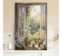 DAMAIART Canvas Wall Art Garden Window Scene-Open Window with Lush Greenery Blooming Flowers Natural Style Decor for Living Room(80x120cm/Frameless)