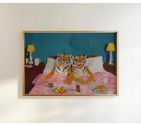 DAMAIART Décoration murale amusante avec des tigres mangeant de la pizza au lit, tableaux éclectiques, impressions sur toile de peintures animalières fantaisistes (40x60cm/cadre intérieur)