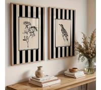 DAMAIART Ensemble de 2 affiches murales à motifs d'oiseaux et de fleurs, style cottagecore abstrait à rayures noires, pour la décoration du salon (70 x 100 cm x 2 / sans cadre)