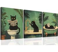 DAMAIART Ensemble de 3 tableaux humoristiques pour salle de bain représentant un chat noir, décoration murale fantaisiste avec des animaux de compagnie (60 x 90 cm x 3 / sans cadre)