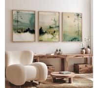 DAMAIART Ensemble de 3 toiles imprimées d'art mural japonais, décoration Japandi, art mural de montagne, affiche minimaliste, peinture de paysage vert (30x40cmx3/sans cadre)