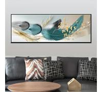 DAMAIART Impression sur toile avec plumes dorées et papillons, affiche moderne de luxe, grande taille, horizontale, décoration murale, peinture, cadre noir, 35 x 105 cm
