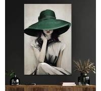 DAMAIART Impression sur toile « Femme au chapeau vert à larges bords » - Portrait élégant aux tons beige-vert discrets, décoration murale pour chambre (40 x 60 cm/sans cadre)