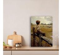 DAMAIART Pastoral Boy and Cows in Field Canvas Wall Art - Rustic Farmhouse, Country Landscape with Wood Fence Ranch-Themed Decor(30x40cm/Frameless)