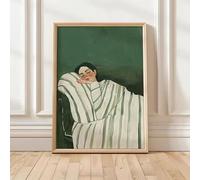 DAMAIART Tableau abstrait à rayures vertes représentant une femme endormie, imprimé sur toile, style abstrait, pour une décoration murale moderne dans un salon (30 x 50 cm avec cadre intérieur).