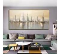 DAMAIART Tableau abstrait de luxe représentant des voiliers blancs, paysage marin, sur toile (50 x 100 cm, sans cadre), idéal pour la décoration murale de votre salon.