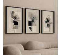 DAMAIART Tableau abstrait floral en trois parties sur toile, beige et noir, style minimaliste, affiche végétale, décoration moderne pour salon (40 x 60 cm x 3 / cadre intérieur)