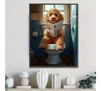 DAMAIART Tableau humoristique sur toile représentant un caniche lisant un journal sur les toilettes (70 x 100 cm, sans cadre) - Décoration murale pour salon