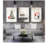 DAMAIART Tableau imprimé sur toile avec des fleurs de Bouddha à l'encre chinoise, idéal pour la décoration murale du salon et de la chambre (30 x 40 cm x 3 / sans cadre)