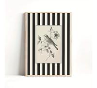 DAMAIART Tableau mural noir et blanc à rayures florales et oiseaux, affiche sur toile, style rétro, pour la décoration de la chambre ou du salon (60x90cm/sans cadre)
