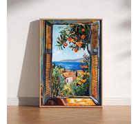 DAMAIART Tableau sur toile « Fenêtre ouverte », mer Méditerranée, oranger, vue côtière, affiche pour la décoration du salon (20 x 30 cm/cadre intérieur)