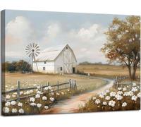DAMAIART Tableau sur toile représentant une grange rustique, un paysage champêtre et naturel, avec des affiches rétro représentant un champ de fleurs et une prairie (40 x 60 cm avec cadre intérieur).