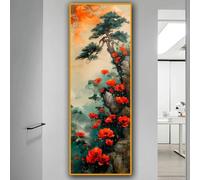 DAMAIART Vintage Floral Wall Art Red Vertical Canvas Painting Pine Tree Poster Print For Office Living Room Abstract Home Decor(40x120cm/Frameless)